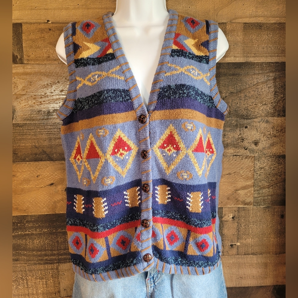 New Look Vintage Sweater Vest Size Medium Knit Aztec Grandma Grandpa Teacher